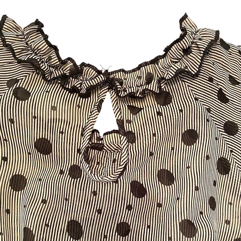 The Limited Black and White Striped Polka Dot Ruffle Blouse with Flutter Sleeves - Picture 4 of 4